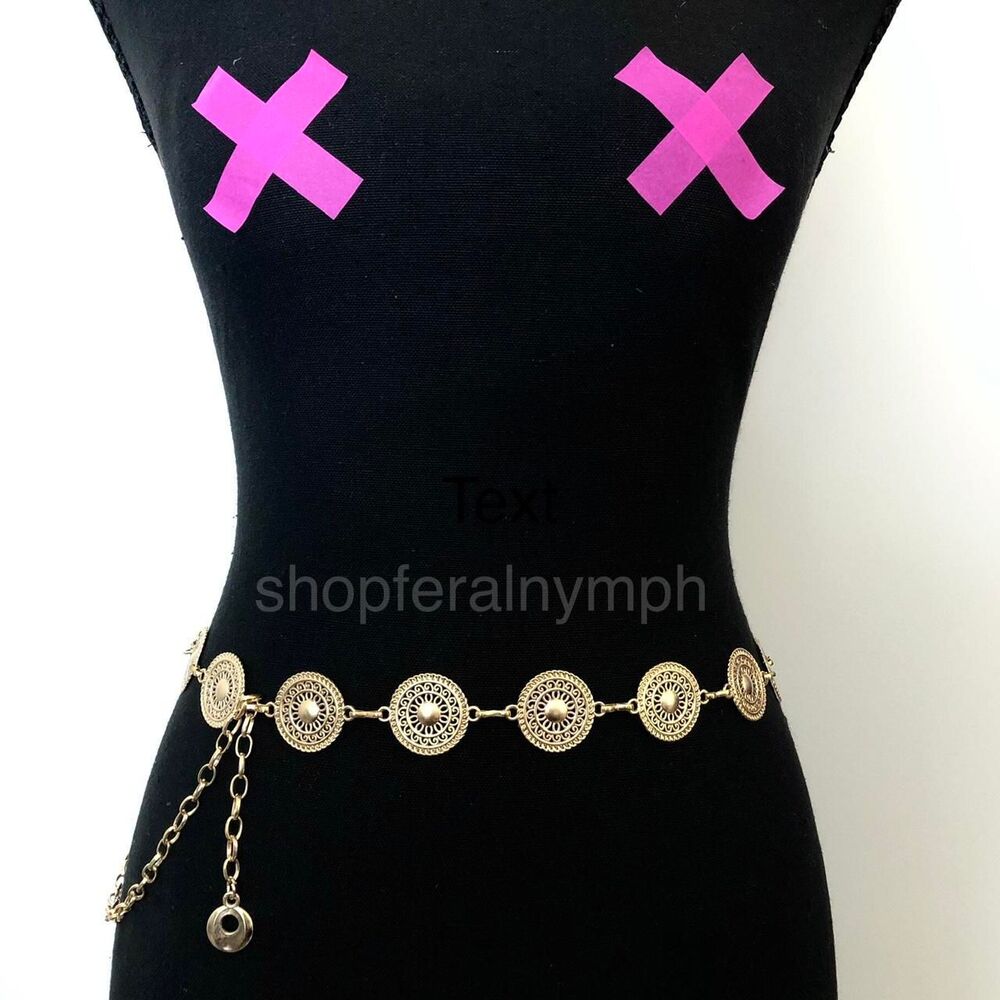 Gold Y2K Textured Round Medallion Boho Chain Belt, Fits 25-44.5 Inches, X7GA1247